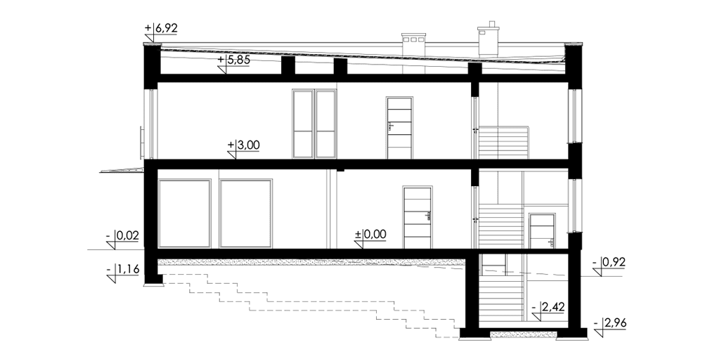 Przekrój budynku usługowo-mieszkalnego Oppidanus I G2
