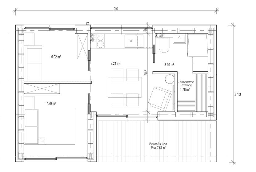 Rzut parteru w domu modułowym Furu