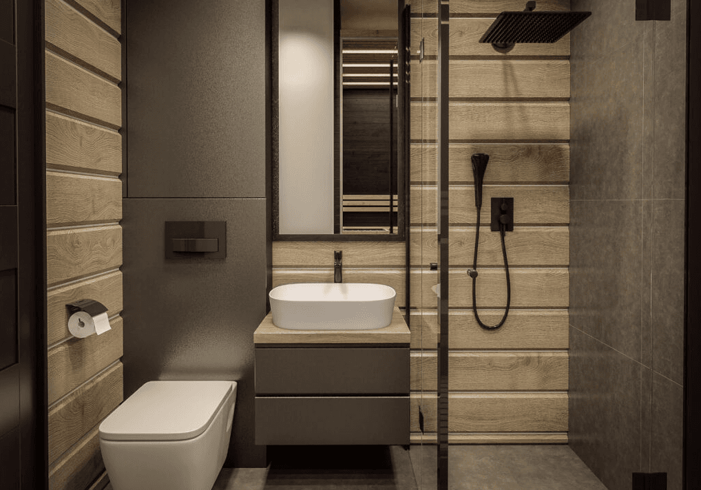 Wnętrze łazienki w domu modułowym Furu