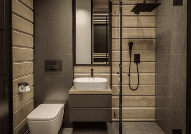 Wnętrze łazienki w domu modułowym Furu