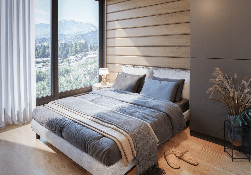 Sypialnia w domu modułowym Furu