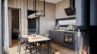 Piękny dom modułowy Furu, widok na wnętrze jadalnia z kuchnią