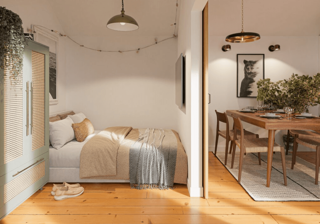 Miłe wnętrze małego domu wczasowego, budowa domu modułowego