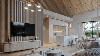 Kuchnia i salon w domu Nasza Stodoła parterowa z antresolą