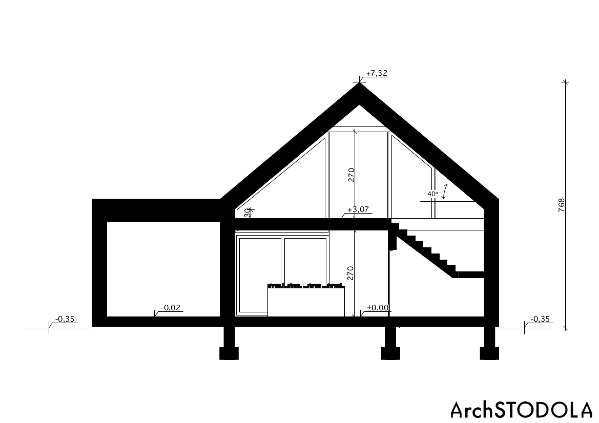 Przekrój domu Nasza Stodoła Parterowa z antresolą