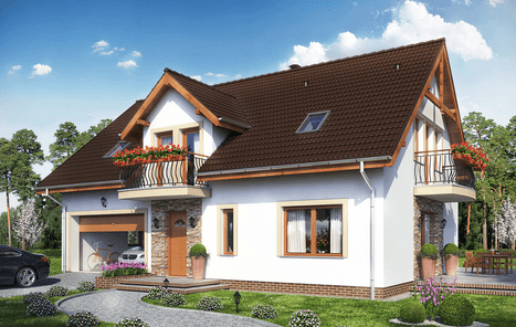 Projekt domu z poddaszem Pinczer 4 XL z garażem widok na dom garaż w bryle